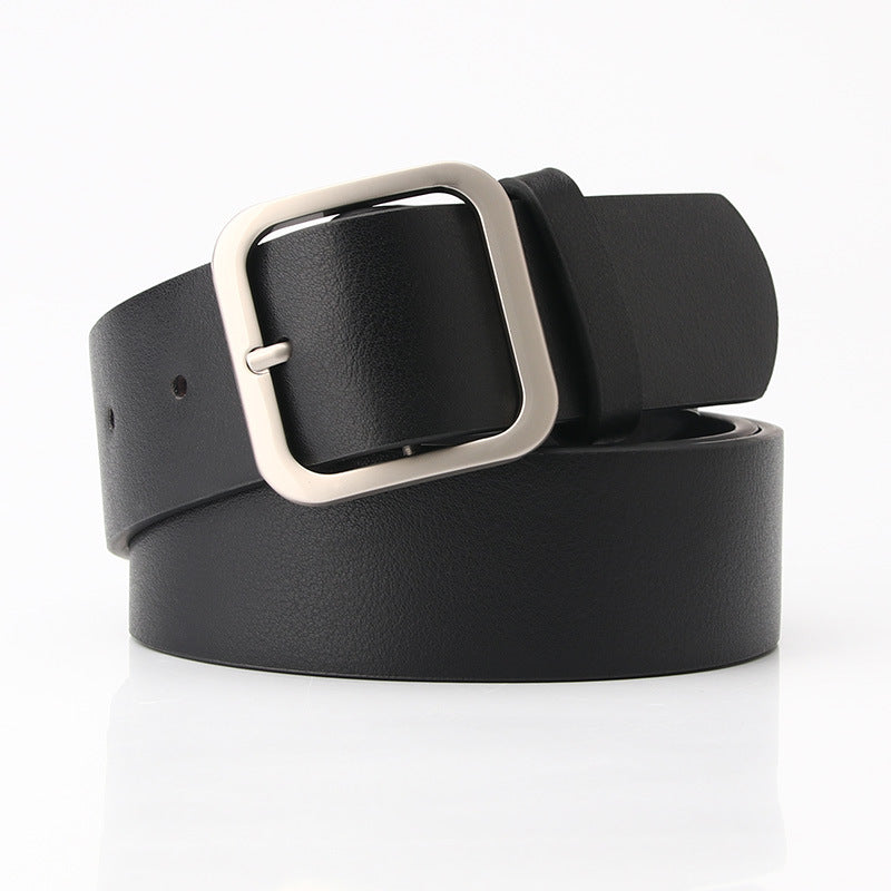 Women’s Minimalist Square Metal Buckle Leather Belt Casual Solid Waist Cinch Belt - Black
