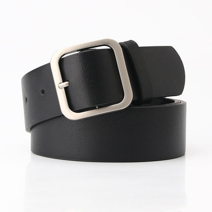 Women’s Minimalist Square Metal Buckle Leather Belt Casual Solid Waist Cinch Belt - Black