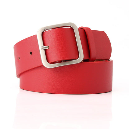Women’s Minimalist Square Metal Buckle Leather Belt Casual Solid Waist Cinch Belt - Red