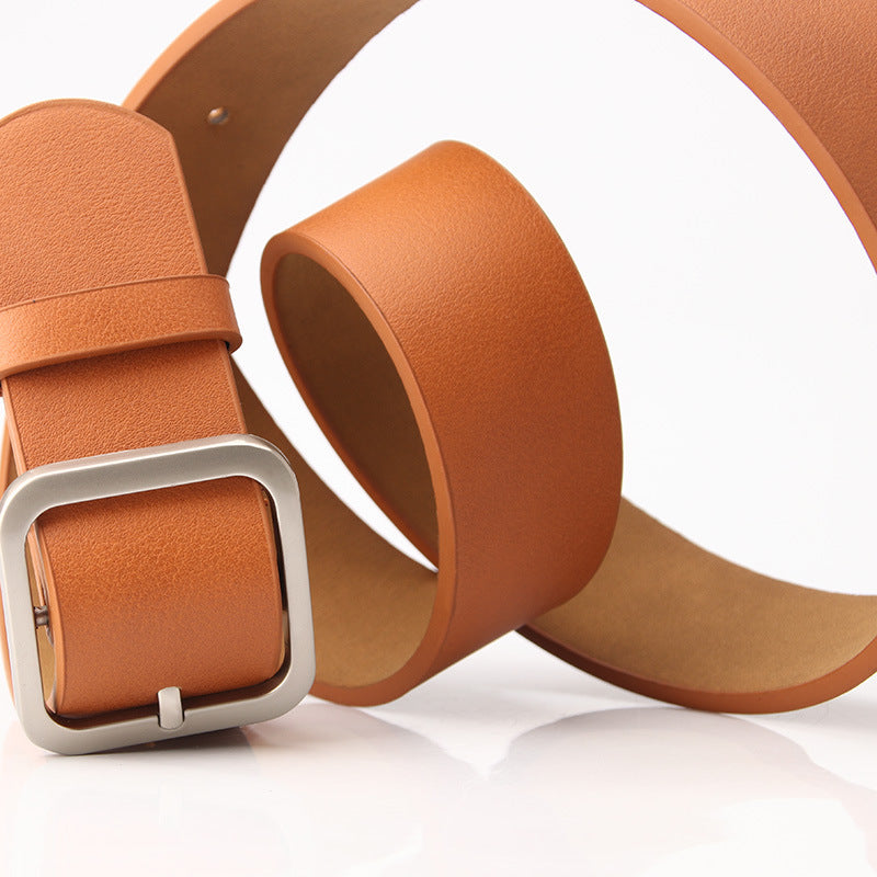 Women’s Minimalist Square Metal Buckle Leather Belt Casual Solid Waist Cinch Belt