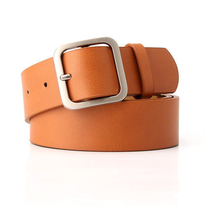 Women’s Minimalist Square Metal Buckle Leather Belt Casual Solid Waist Cinch Belt - Camel