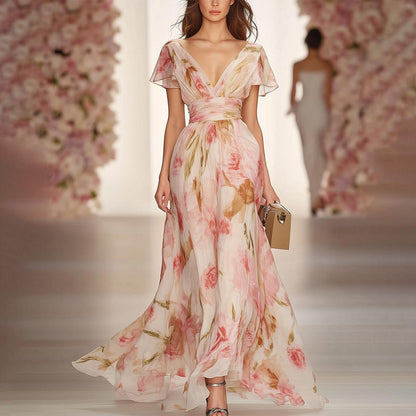 Robe longue rose à manches courtes et col en V
