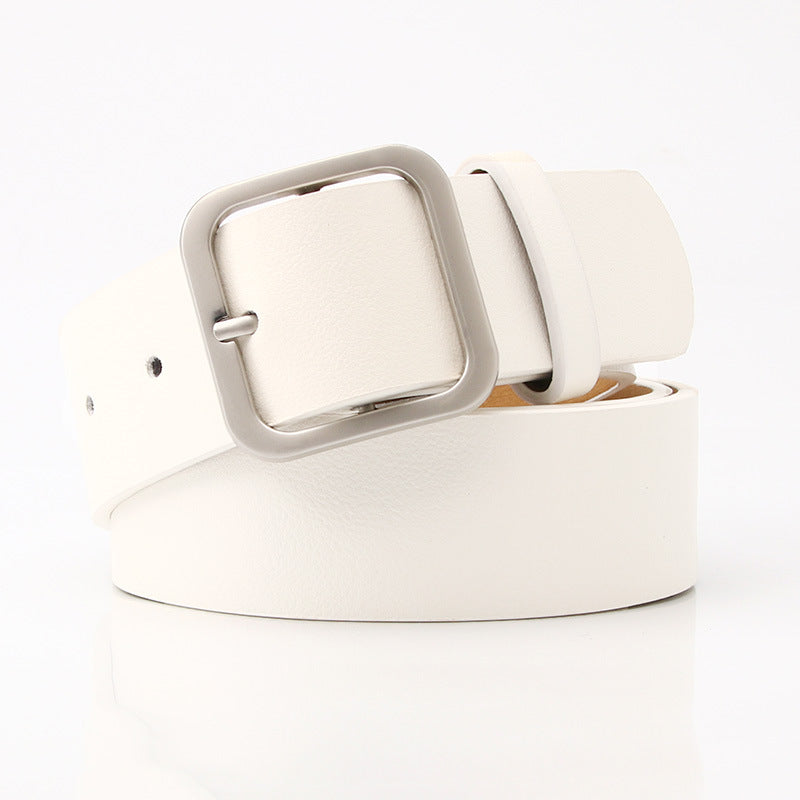Women’s Minimalist Square Metal Buckle Leather Belt Casual Solid Waist Cinch Belt - White