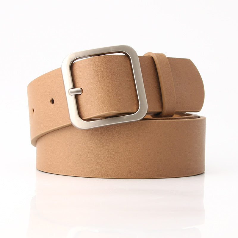 Women’s Minimalist Square Metal Buckle Leather Belt Casual Solid Waist Cinch Belt - Khaki