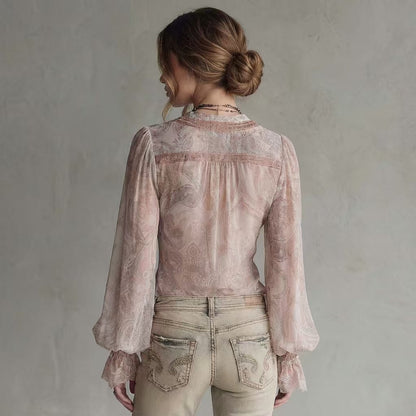 Blouse rétro‑vintage sienne transparente à motifs cachemire et bordure en dentelle