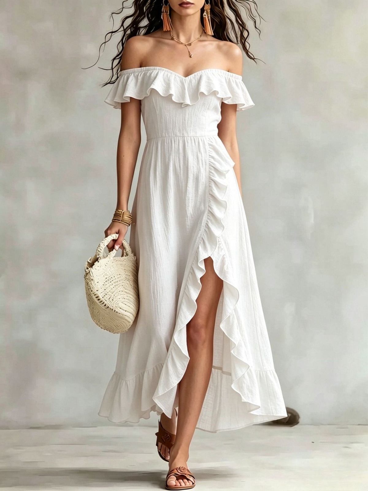 Women's Summer Cotton Off Shoulder Ruffled Ruched Flowy Maxi Dress