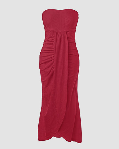 Robe de vacances sans manches à fronces, taille cintrée, style bandeau drapé, broderie œillets, fente et ourlet asymétrique