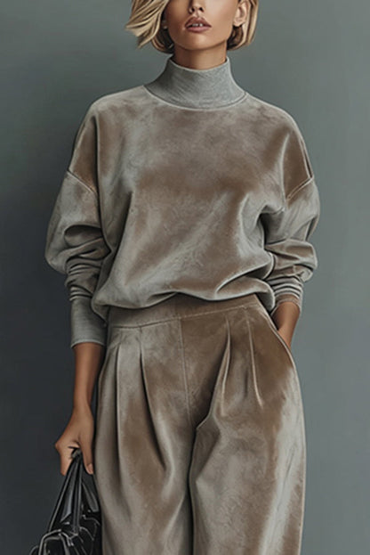 Ensemble haut à manches longues col roulé en velours élégant et pantalon large décontracté avec poches