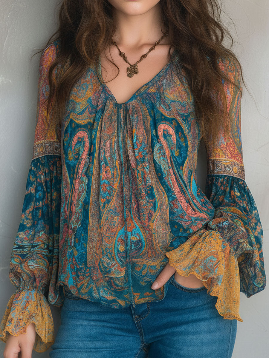 Blouse en mousseline de soie à motif cachemire bohème bleu sarcelle et ambré avec poignets à volants