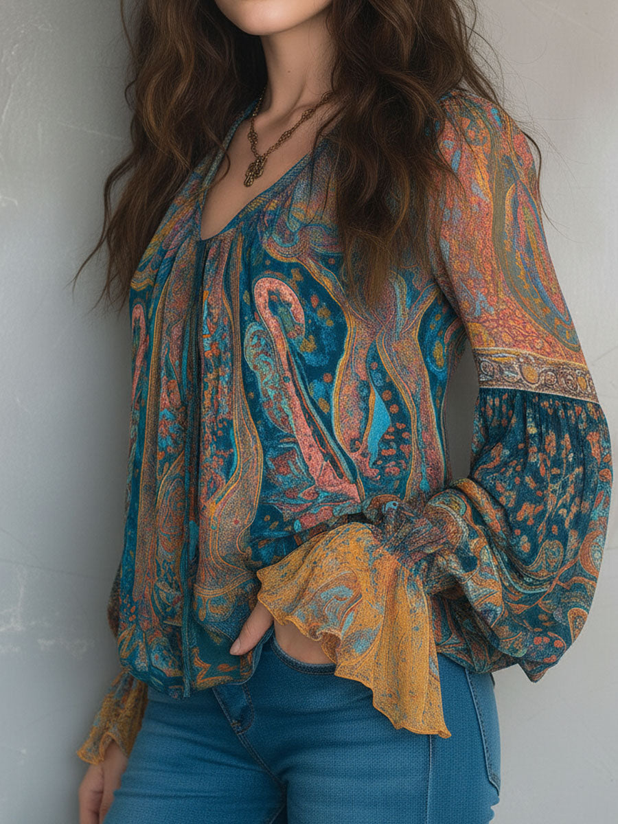 Blouse en mousseline de soie à motif cachemire bohème bleu sarcelle et ambré avec poignets à volants