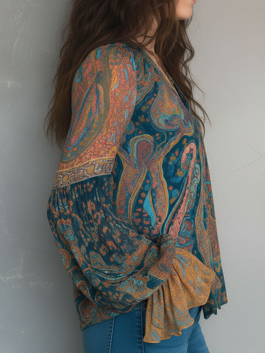 Blouse en mousseline de soie à motif cachemire bohème bleu sarcelle et ambré avec poignets à volants
