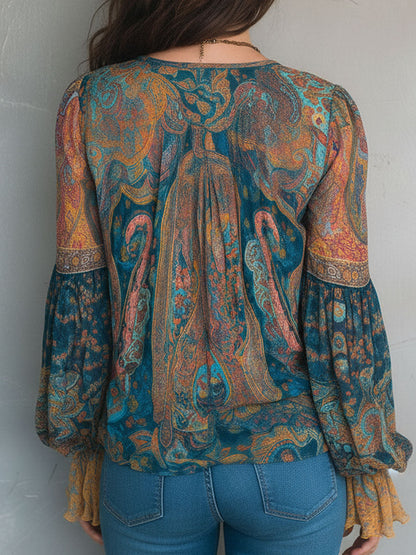 Blouse en mousseline de soie à motif cachemire bohème bleu sarcelle et ambré avec poignets à volants