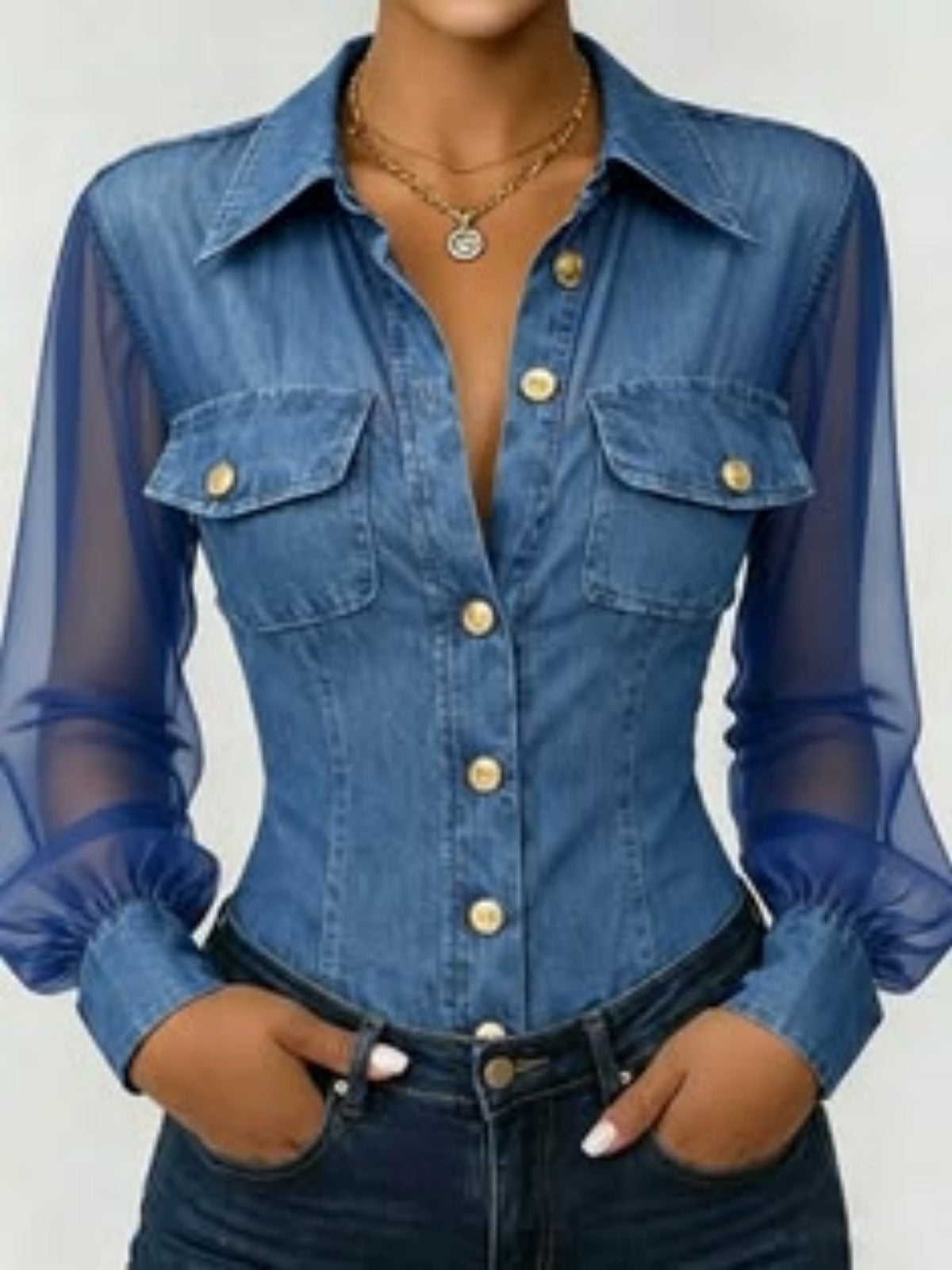 Sheer Mesh Sleeve Denim Blouse