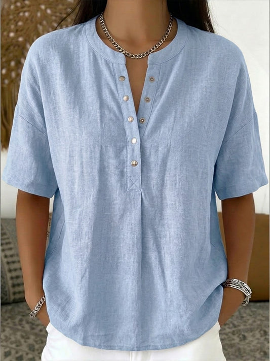 Nouveautés🔥 Chemise décontractée femme à col Henley, manches courtes en lin et coton
