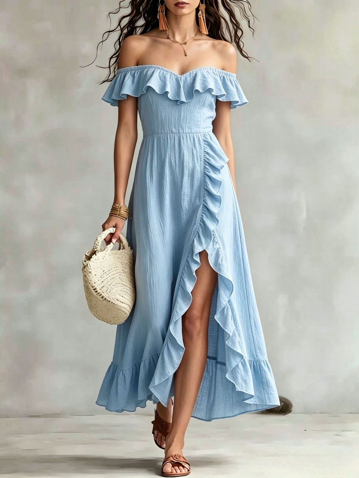 Women's Summer Cotton Off Shoulder Ruffled Ruched Flowy Maxi Dress