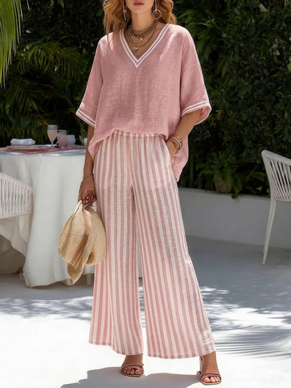 Ensemble décontracté deux‑pièces : haut rayé en patchwork lin et coton et pantalon rayé