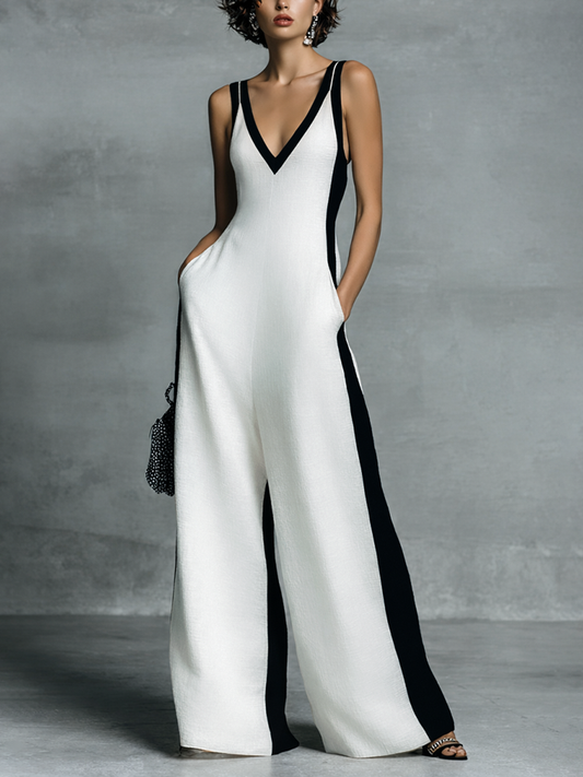 Combinaison femme mode noire et blanche en coton et lin à blocs de couleur avec bretelles fines