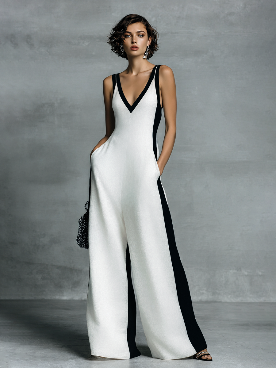 Combinaison femme mode noire et blanche en coton et lin à blocs de couleur avec bretelles fines