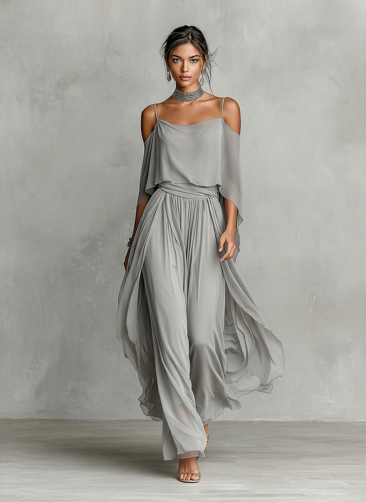 Women's Grey Breathable Chiffon Maxi Dress With Cold-Shoulder Detail & Flared Silhouette