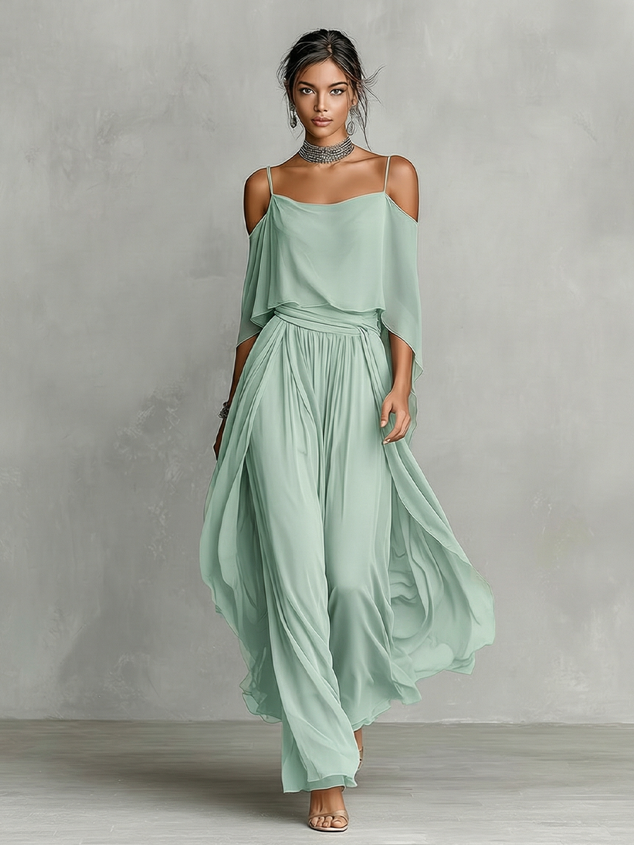 Women's Grey Breathable Chiffon Maxi Dress With Cold-Shoulder Detail & Flared Silhouette