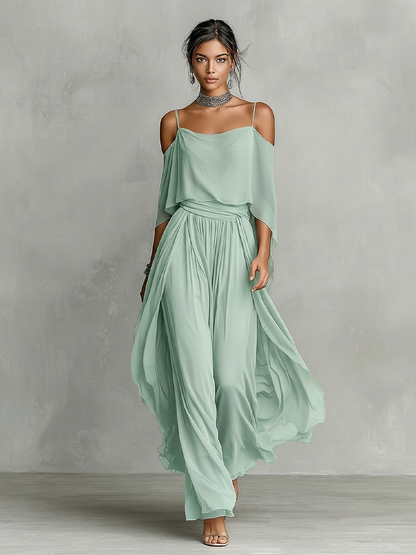 Women's Grey Breathable Chiffon Maxi Dress With Cold-Shoulder Detail & Flared Silhouette