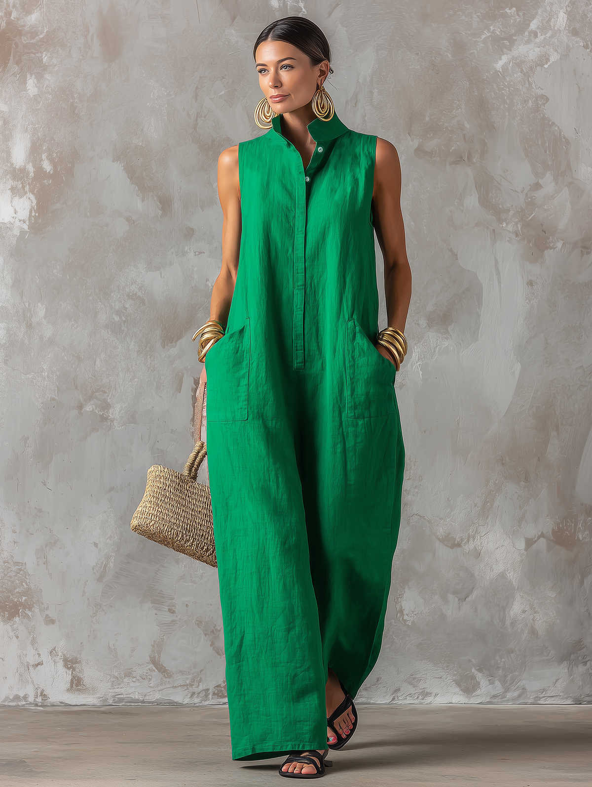 Combinaison Femme Minimaliste Ample en Lin Mélangé — Col Montant, Sans Manches, Boutonnage Simple