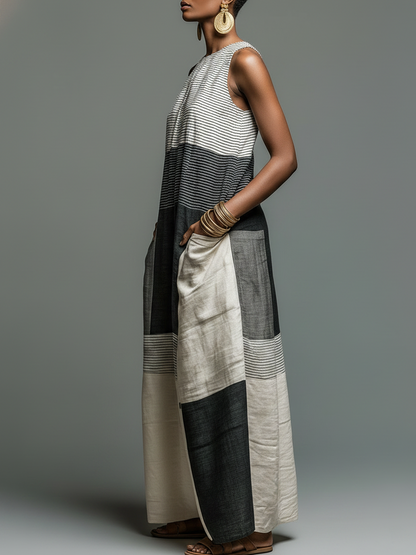 Women's Linen-Blend Color Block Striped Sleeveless Maxi Dress With Pockets