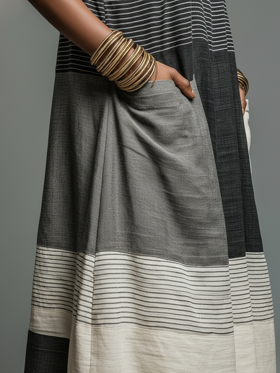 Women's Linen-Blend Color Block Striped Sleeveless Maxi Dress With Pockets