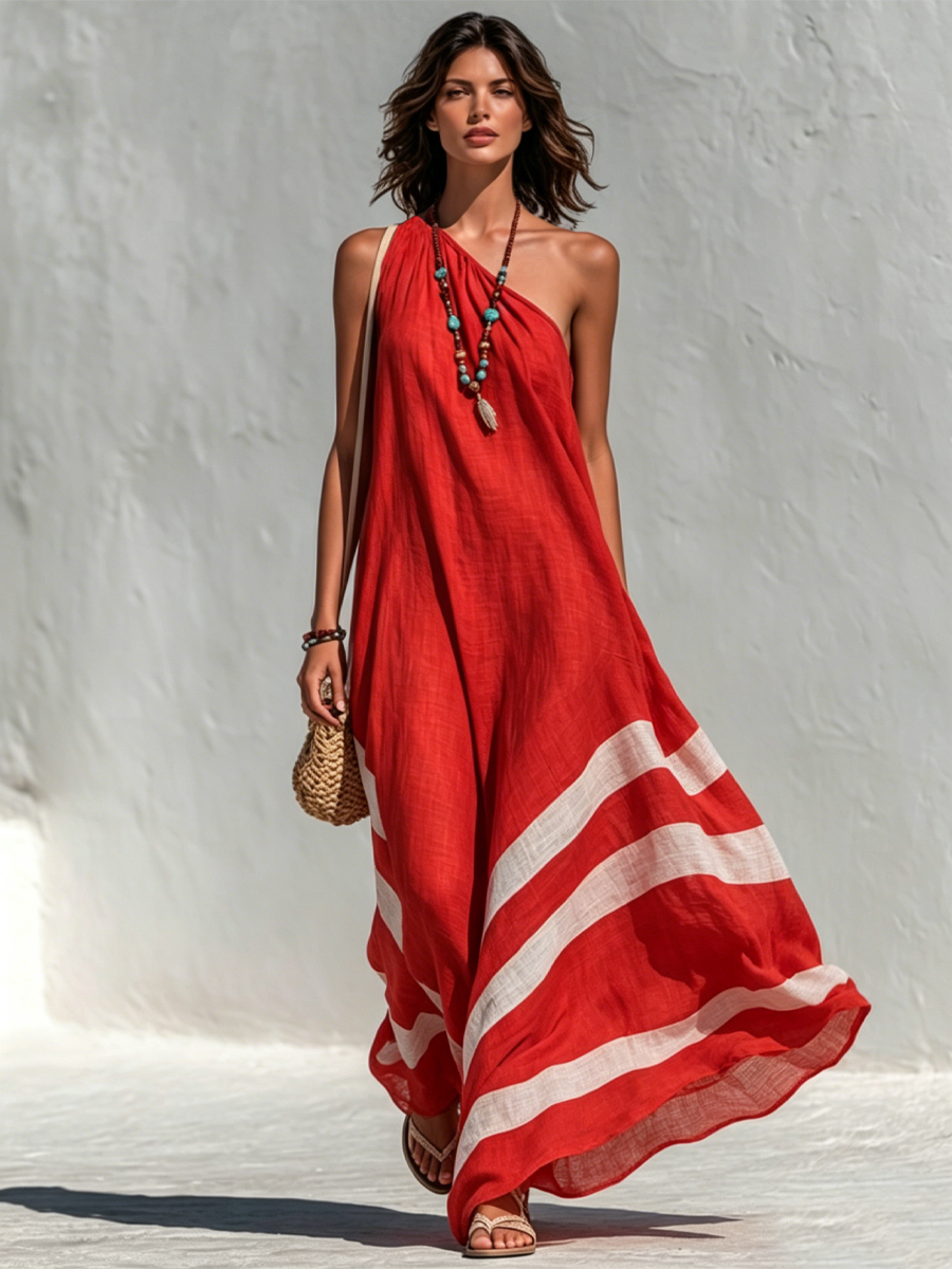 Women's Vacation-Style Cotton-Linen Color-Block One-Shoulder Loose Maxi Dress
