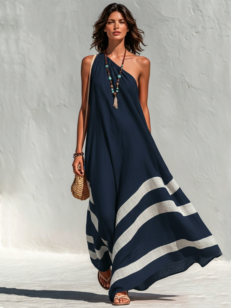 Women's Vacation-Style Cotton-Linen Color-Block One-Shoulder Loose Maxi Dress