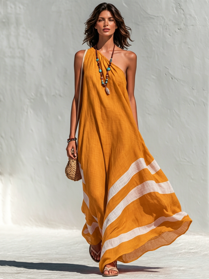 Women's Vacation-Style Cotton-Linen Color-Block One-Shoulder Loose Maxi Dress