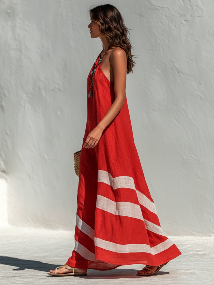 Women's Vacation-Style Cotton-Linen Color-Block One-Shoulder Loose Maxi Dress
