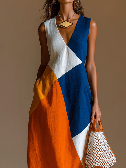 Women's Casual Vacation-Style Loose-Fit, Sleeveless, V-Neck, Multi-Color Patchwork Cotton-Linen Maxi Dress