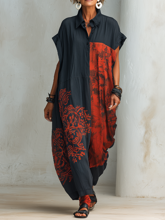 Women's Vintage Casual  Blend  Printed Henley-Neck Short-Sleeve Maxi Dress