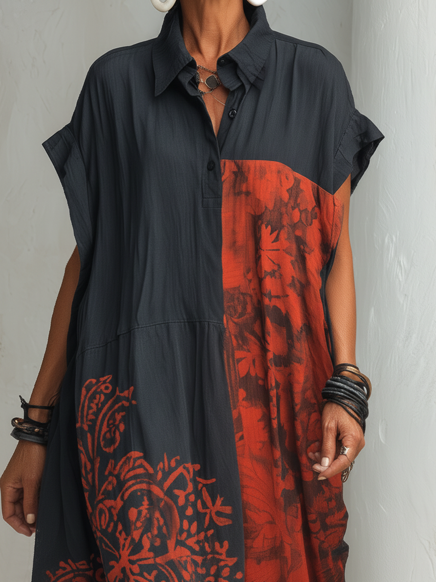 Women's Vintage Casual  Blend  Printed Henley-Neck Short-Sleeve Maxi Dress