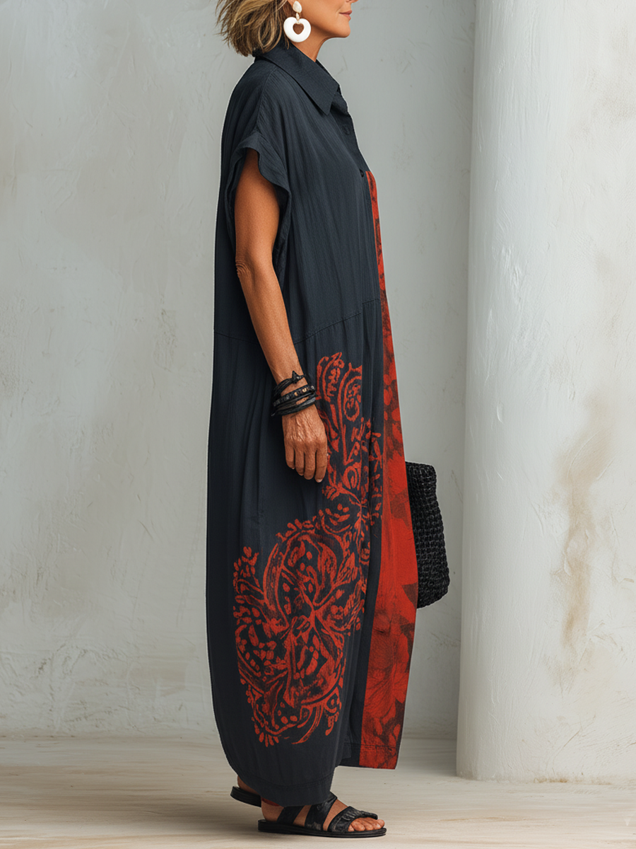 Women's Vintage Casual  Blend  Printed Henley-Neck Short-Sleeve Maxi Dress