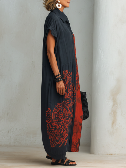 Women's Vintage Casual  Blend  Printed Henley-Neck Short-Sleeve Maxi Dress