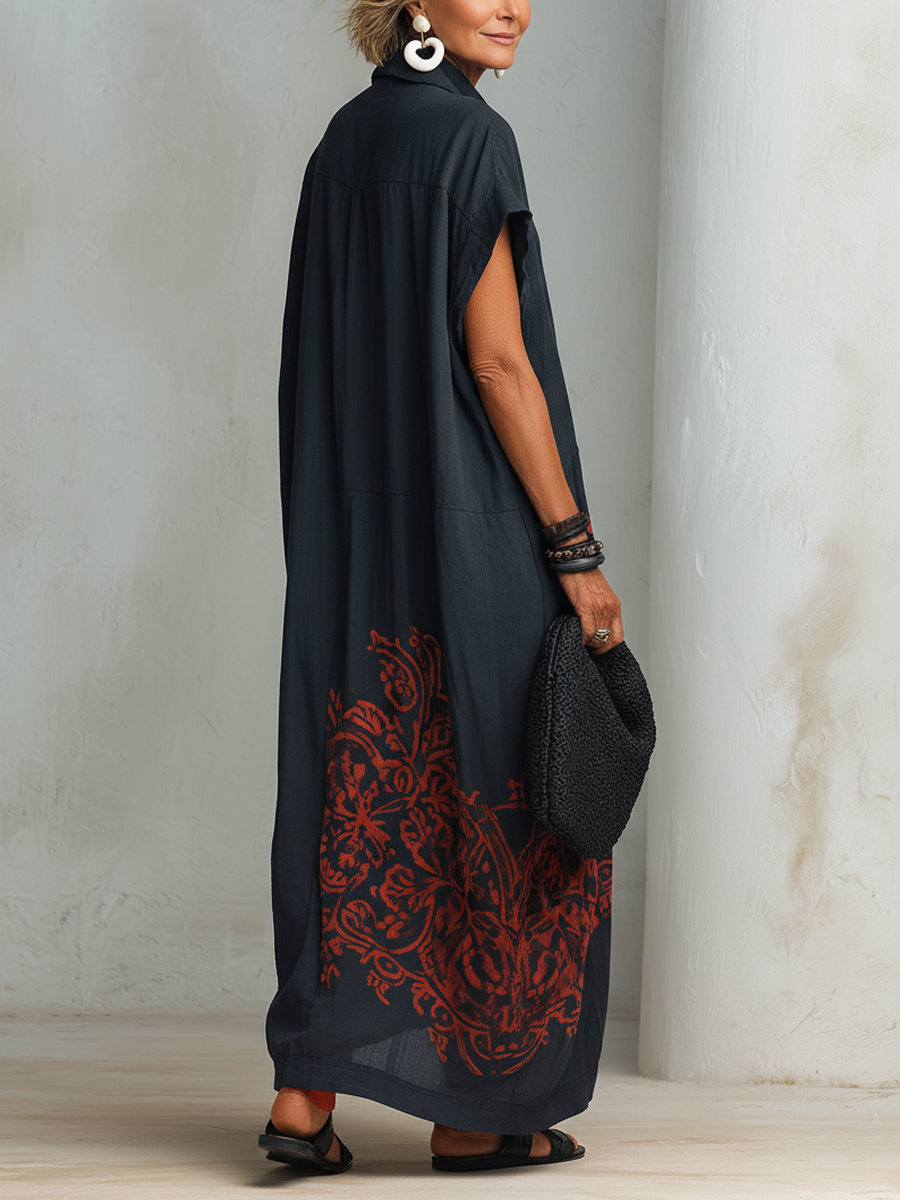 Women's Vintage Casual  Blend  Printed Henley-Neck Short-Sleeve Maxi Dress
