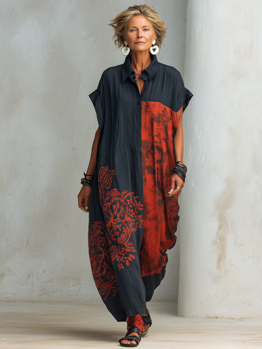 Women's Vintage Casual  Blend  Printed Henley-Neck Short-Sleeve Maxi Dress