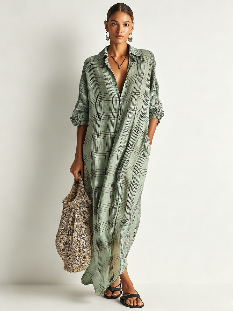 Women's Retro Casual Plaid Print Cotton Linen Shirt Long Sleeve Midi Dress