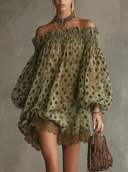 Mini-robe en mousseline de soie à pois pour femme, épaules dénudées et manches longues bouffantes