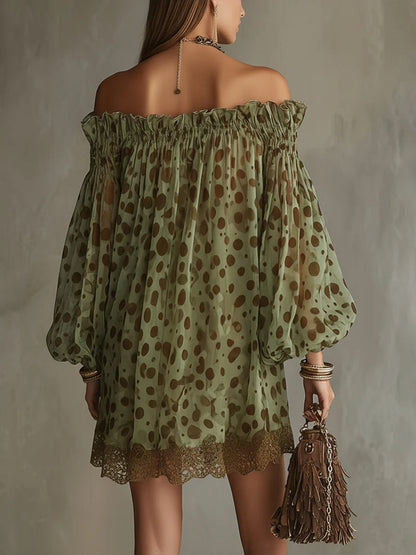 Mini-robe en mousseline de soie à pois pour femme, épaules dénudées et manches longues bouffantes