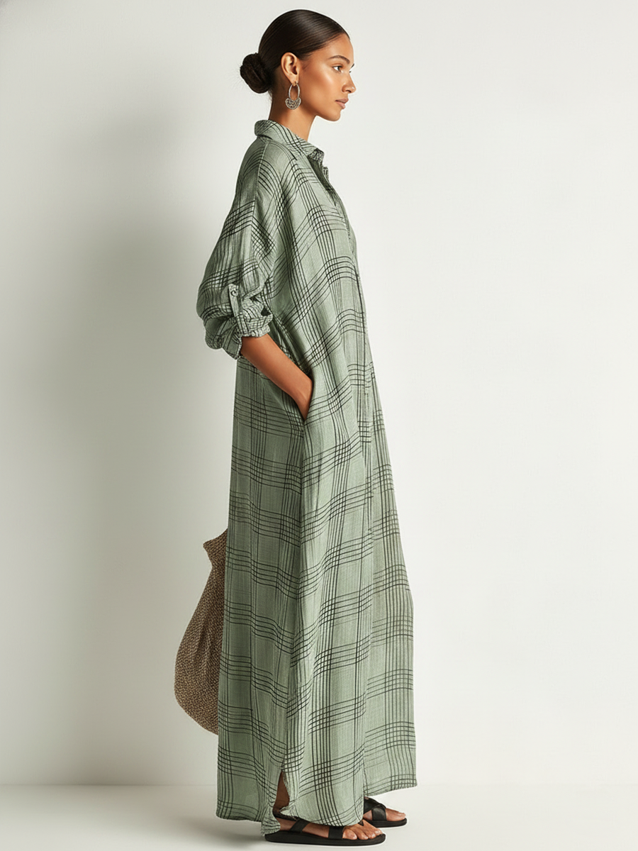 Women's Retro Casual Plaid Print Cotton Linen Shirt Long Sleeve Midi Dress