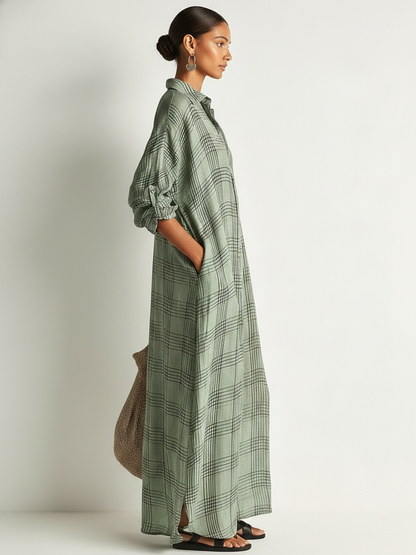 Women's Retro Casual Plaid Print Cotton Linen Shirt Long Sleeve Midi Dress
