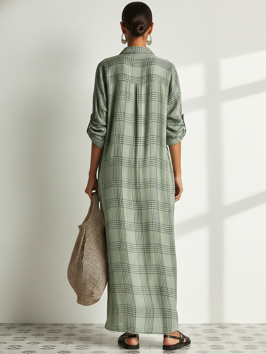 Women's Retro Casual Plaid Print Cotton Linen Shirt Long Sleeve Midi Dress