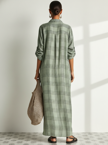 Women's Retro Casual Plaid Print Cotton Linen Shirt Long Sleeve Midi Dress