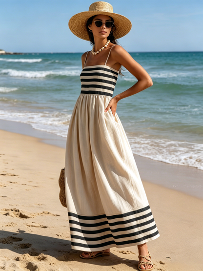 Robe longue à fines bretelles rayée noire et beige