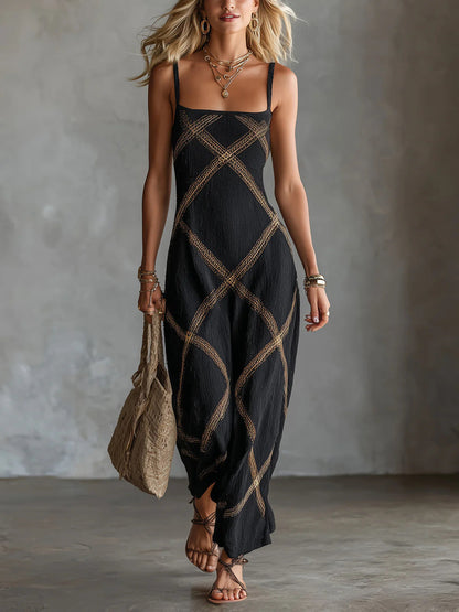Diamond Lattice Textured Square Neck Slip Maxi Dress – Boho Summer Long Cami Dress