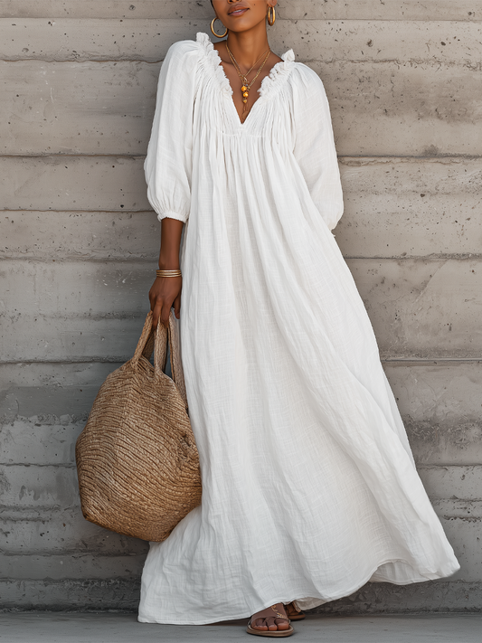 Robe longue femme en coton-lin légère avec encolure en V à bords volantés – parfaite pour les vacances