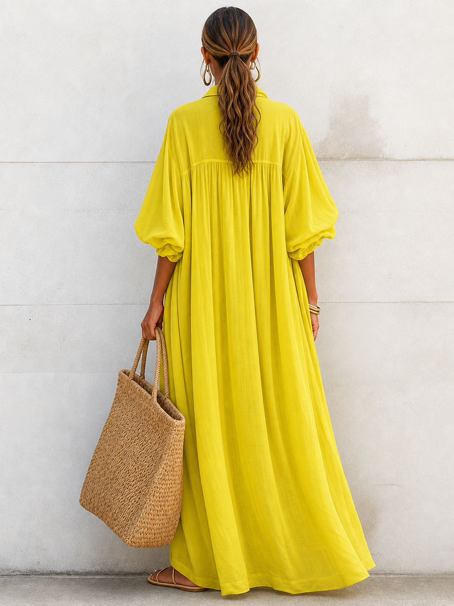Women's Vacation-Style Flowy Lemon Yellow Cotton-Linen Oversized Shirt Dress